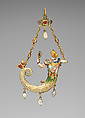 Pendant in the form of a mermaid, Probably based on a design by Reinhold Vasters (German, Erkelenz 1827–1909 Aachen), Baroque pearl with enameled gold mounts set with diamonds and with pendant pearls, German or French