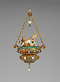 Pendant with a Triton Riding a Unicorn-like Sea Creature, Reinhold Vasters (German, Erkelenz 1827–1909 Aachen), Baroque pearl mounted with enameled gold set with pearls, emeralds and rubies and with pendent pearls, probably German or French