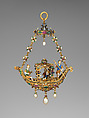 Pendant in the form of a gondola, Enameled gold set with diamonds, emeralds, rubies and pearls and with pendant pearls, European