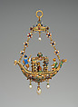 Pendant in the form of a gondola, Enameled gold set with diamonds, emeralds, rubies and pearls and with pendant pearls, European