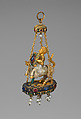 Pendant in the form of a centaur, Baroque pearl with enameled gold mounts set with sapphires and rubies, and with pendent pearls, possibly Spanish