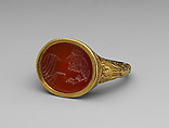 Head of a Maiden intaglio set in a ring, Carnelian and gold, Italian