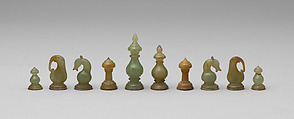 Chessmen (32) and board with box, Jade, brown onyx marble, bronze, mother-of-pearl, Indian