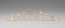 Chessmen (32) and box-board, Mother-of-pearl, wood, tortoiseshell, British