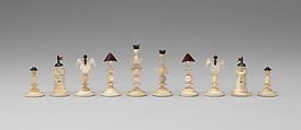 Chessmen (32) and box-board, Mother-of-pearl, wood, tortoiseshell, British