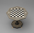 Miniature pedestal table with inlaid chessboard, Ivory, horn, wood, Indian
