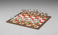 Chessmen (32) and board with case, Chessmen: porcelain; board: leather, parchment; case: leather, brass, German, Meissen