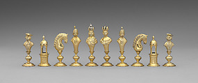 Chess set and board with box, Silver, gold, leather, Austrian, Vienna