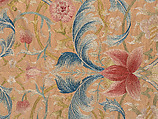 "Lotus" pattern bedcover or hanging, Design and embroidery possibly by May Morris (British, Bexley, Kent 1862–1938), Silk embroidery on woven silk foundation silk, with fringed trim, British