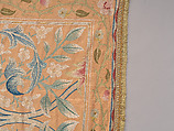 "Lotus" pattern bedcover or hanging, Design and embroidery possibly by May Morris (British, Bexley, Kent 1862–1938), Silk embroidery on woven silk foundation silk, with fringed trim, British