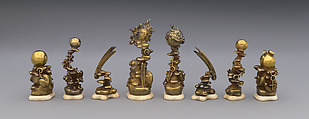 Left to Right: 48.174.92a–h Astronomical chess set, Max Esser (German, Barth 1885–1945 Berlin), Silver, silver-gilt, ivory, ebony, marble, plaster, brass, beeswax, enamel, German, Berlin