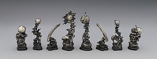 L to R: 48.174.92aa–hh Astronomical chess set, Max Esser (German, Barth 1885–1945 Berlin), Silver, silver-gilt, ivory, ebony, marble, plaster, brass, beeswax, enamel, German, Berlin