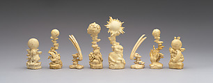 Left to Right: 48.174.92xa-xh Astronomical chess set, Max Esser (German, Barth 1885–1945 Berlin), Silver, silver-gilt, ivory, ebony, marble, plaster, brass, beeswax, enamel, German, Berlin
