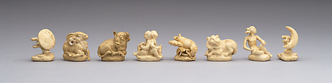 L to R: plaster models of pawns representing signs of zodiac and phases of moon: 48.174.92xxii–xxpp Astronomical chess set, Max Esser (German, Barth 1885–1945 Berlin), Silver, silver-gilt, ivory, ebony, marble, plaster, brass, beeswax, enamel, German, Berlin