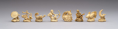 L to R: plaster models of pawns representing signs of zodiac and phases of moon: 48.174.92xi–xp Astronomical chess set, Max Esser (German, Barth 1885–1945 Berlin), Silver, silver-gilt, ivory, ebony, marble, plaster, brass, beeswax, enamel, German, Berlin
