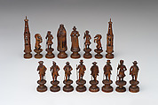 Chessmen (32), Maple, pear wood, German, possibly Oberammergau