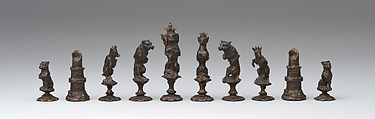 Dogs, wolves and goats versus cats, foxes, hares chessmen (32), E. G. Zimmerman Company, Hanau, Metal, German, Hanau