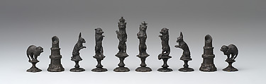 Dogs, wolves and goats versus cats, foxes, hares chessmen (32), E. G. Zimmerman Company, Hanau, Metal, German, Hanau