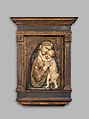Madonna and Child, School of Donatello (Italian, Florence ca. 1386–1466 Florence), Figures: terracotta, polychromed and gilded; later background: wood, painted to represent brocade; frame: carved and painted, mouldings gilt, Italian
