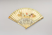 Fan, Kid, paint, ivory, gilt, brilliants, possibly Italian