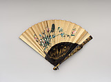 Fan, Painted silk on paper; silk embroidery;  wood, mother-of-pearl, Japanese