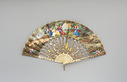 Fan, Parchment, paint, gilt, satin, ivory, silver gilt, metal gilt, Spanish