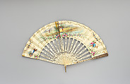 Fan, Parchment, paint, gilt, satin, ivory, silver gilt, metal gilt, Spanish