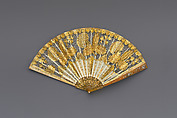 Fan, Silk, net, gold, horn, gilt, silver, paste jewels, imitation pearls, possibly Spanish