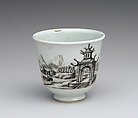 Beaker with “Posteleӱn Verkooping” (porcelain selling), Decorated in the Workshop of Daniel Preissler (Bohemian, Prague, active 1675- 1733 Kunstàt), Jingdezhen hard-paste porcelain with enamel decoration, Chinese, Jingdezhen with Bohemian, Kronstadt (present-day Kunstàt, Czech Republic) decoration