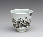 Beaker with “Posteleӱn Verkooping” (porcelain selling), Decorated in the Workshop of Daniel Preissler (Bohemian, Prague, active 1675- 1733 Kunstàt), Jingdezhen hard-paste porcelain with enamel decoration, Chinese, Jingdezhen with Bohemian, Kronstadt (present-day Kunstàt, Czech Republic) decoration