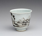 Beaker with “Posteleӱn Verkooping” (porcelain selling), Decorated in the Workshop of Daniel Preissler (Bohemian, Prague, active 1675- 1733 Kunstàt), Jingdezhen hard-paste porcelain with enamel decoration, Chinese, Jingdezhen with Bohemian, Kronstadt (present-day Kunstàt, Czech Republic) decoration