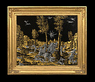 Hunting Scene, Jonas Zeuner (Dutch, Kassel 1727–1814 Amsterdam), Engraving in gold and silver foil behind glass, black lacquer; gilt-wood frame, Dutch, Amsterdam
