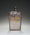 Bottle, Clear glass; metal screw top, German