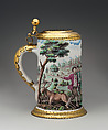 Tankard, M. Schmid, Tin-glazed earthenware with engraved and gilt metal mounts, German, Nuremberg