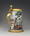 Tankard, M. Schmid, Tin-glazed earthenware with engraved and gilt metal mounts, German, Nuremberg