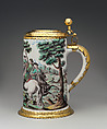 Tankard, M. Schmid, Tin-glazed earthenware with engraved and gilt metal mounts, German, Nuremberg