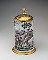 Tankard, M. Schmid, Tin-glazed earthenware with engraved and gilt metal mounts, German, Nuremberg