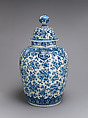 Vase with cover (part of a garniture), Lambertus van Eenhoorn (Dutch, 1651–1721)  , factory director in 1691, Tin-glazed earthenware, Dutch, Delft