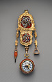 Watch and chatelaine, V. Blanck, Gold, agate, diamonds, sapphires, rubies, emeralds, carnelian, German, Regensburg