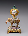 Miniature clock in the form of an elephant supporting a watch case, Agate, heliotrope, gold and diamonds, possibly German, Dresden