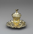 Urn-shaped inkwell with cover on stand, Abraham Drentwett IV, Silver gilt; glass, German, Augsburg