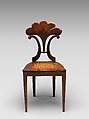 Side chair, Solid beech wood (front and side rails), solid pine wood (back splat?, supporting middle seat rail and seat frame), solid walnut (legs), walnut veneer, cane (seat)., Austrian
