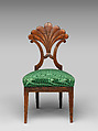 Side chair, Solid beech wood (front and side rails), solid pine wood (back splat, supporting middle seat rail and corner blocks), solid walnut (legs), walnut veneer.  Upholstery materials: drop-in seat frame of plywood, webbing, modern black enameled springs, cotton wadding, jute spring cover cloth, filling, a cover cloth and the show-cover, blued tacks.  (The seat is a recent fabrication.), Austrian