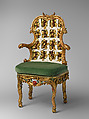 Armchair (one of a pair) (part of a set), Johann Michael Bauer German, born Westheim, Carved, painted and gilded limewood; squab pillow in silk velvet (not original), German, Würzburg