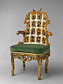 Armchair (one of a pair) (part of a set), Johann Michael Bauer  German, born Westheim, Carved, painted and gilded limewood; squab pillow in silk velvet (not original), German, Würzburg
