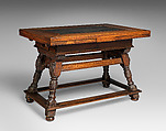 Draw-top table, Walnut and apple with slate top, Swiss