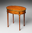 Oval table, David Roentgen German, Oak, walnut, pine, cherry, and maple, veneered with maple, hornbeam, holly (all partially stained), cherry, mahogany, tulipwood, and other woods; gilt bronze, iron, brass, steel; partially tooled and gilded leather, German, Neuwied am Rhein