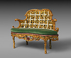 Settee (one of a pair) (part of a set), Johann Michael Bauer German, born Westheim, Carved, painted and gilded linden wood; squab pillow in silk velvet (not original), German, Würzberg