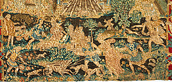 Atalanta and Meleager with Fountains of Versailles, Related to prints by Antonio Tempesta (Italian, Florence 1555–1630 Rome), Wool and silk on canvas (Center: 484-576 tent stitches per sq. inch, 90 per sq. cm. Border: 169 cross-stitches per sq. inch, 25 per sq. cm.), French