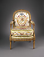 Armchair (fauteuil à la reine), Jacques Gondouin (1737–1818), Carved and gilded beech; modern silk lampas, French, Paris